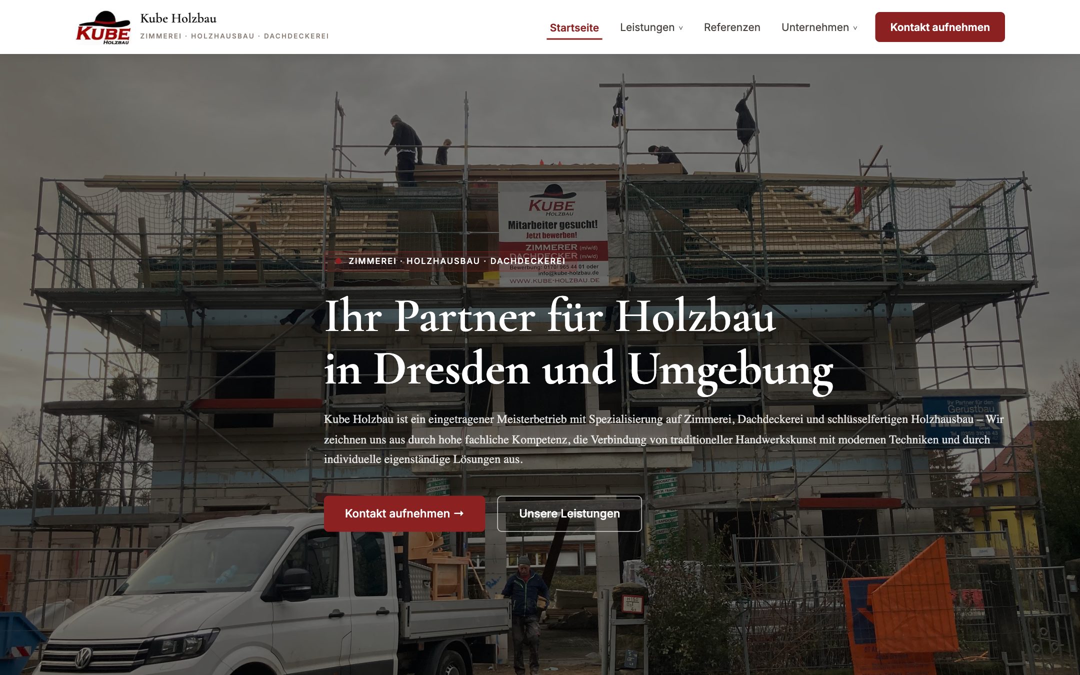 Startseite der neuen Webseite von Kube Holzbau