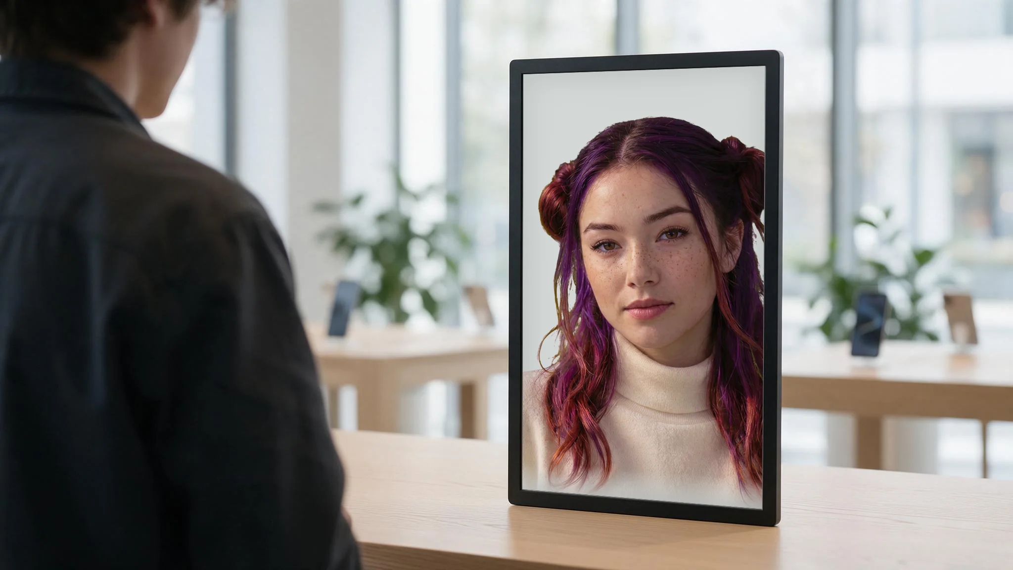 MATSUMI inside a slim holographic display on the counter of a mobile phone store, facing a customer