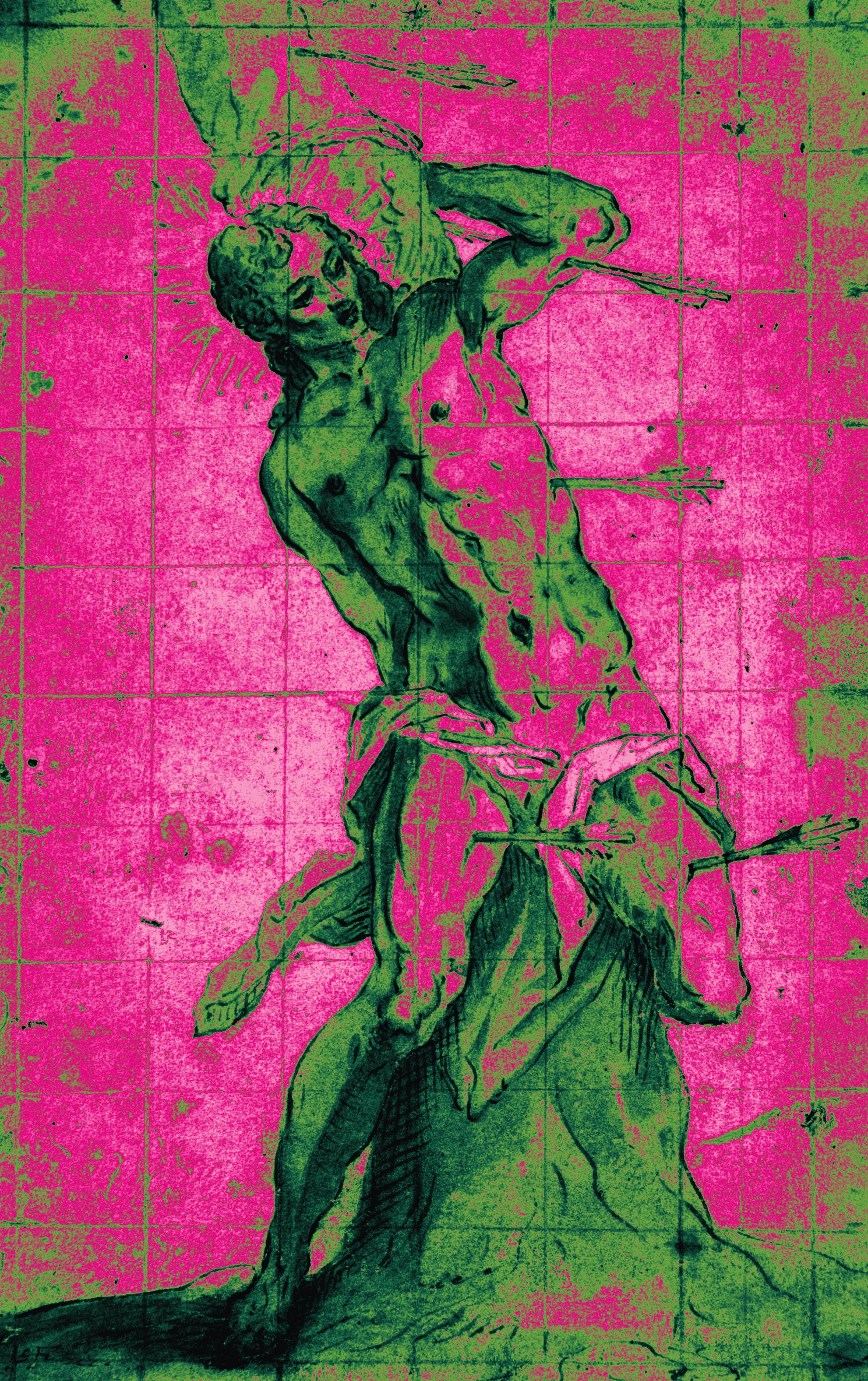 Baroque figure study in emerald, magenta and bubblegum