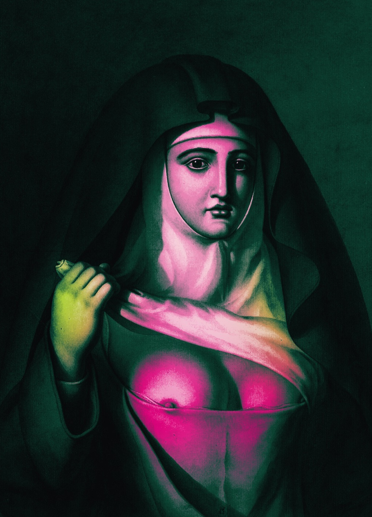 Bad Habit Burlesque logo: a painted nun in deep green and hot pink