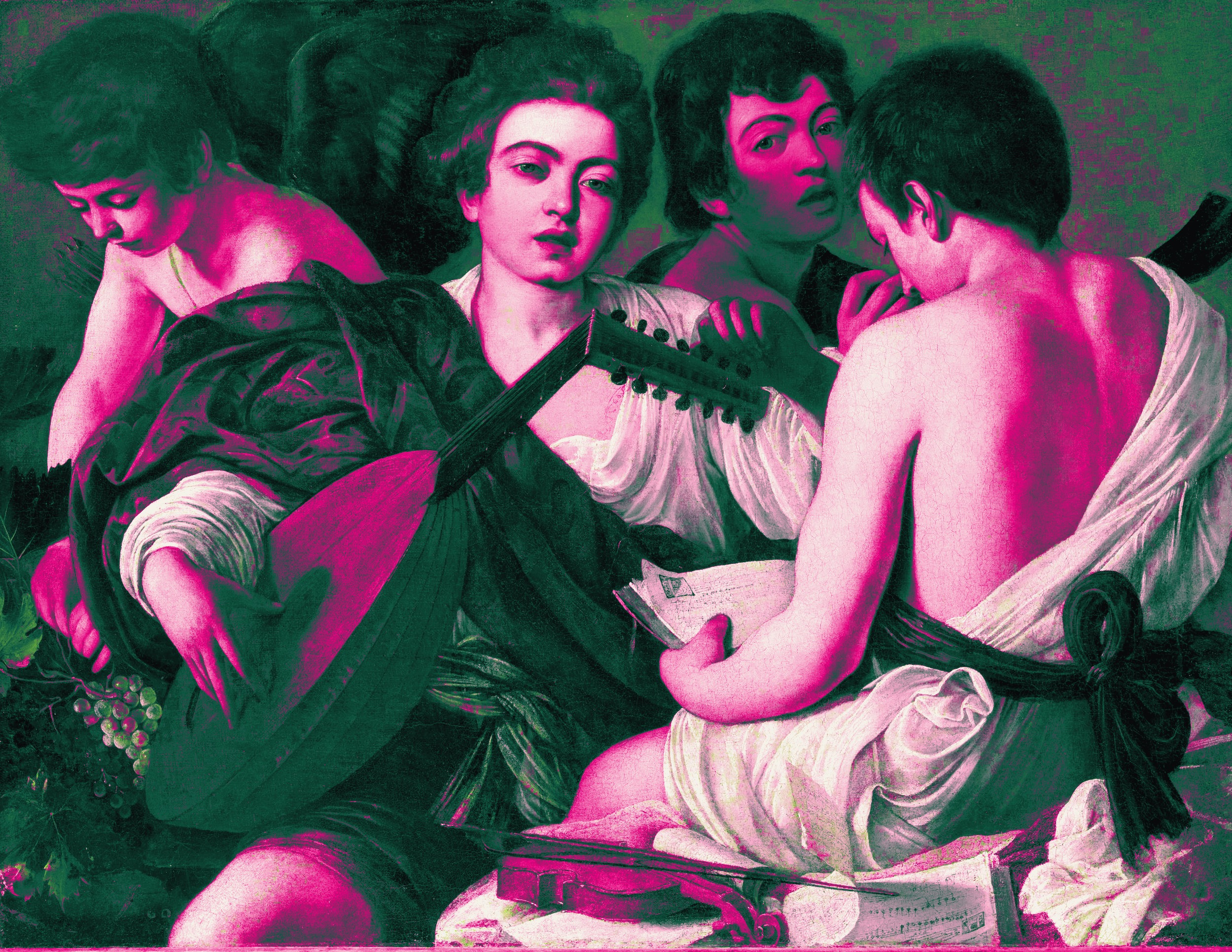 Caravaggio's musicians in magenta and bubblegum