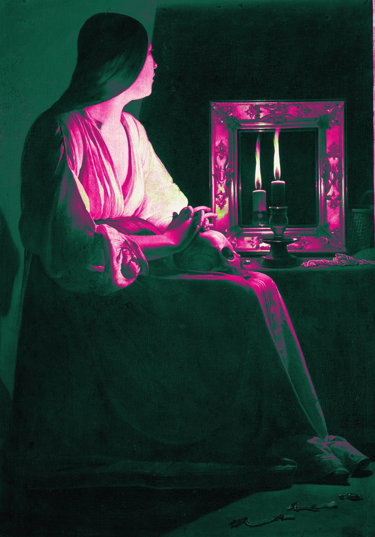 Candlelit painting in emerald and magenta