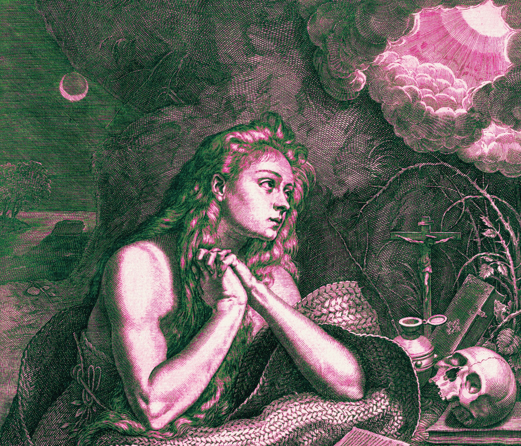 Engraved saint in a wilderness, tinted emerald and pink