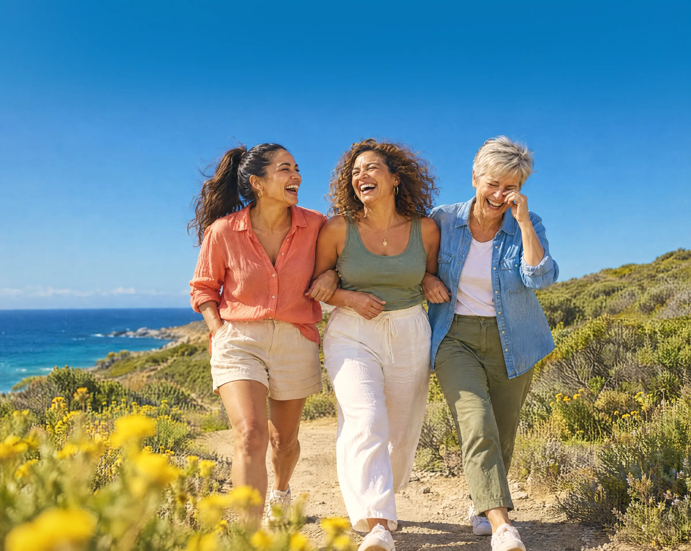Three friends laughing on a coastal hiking trail