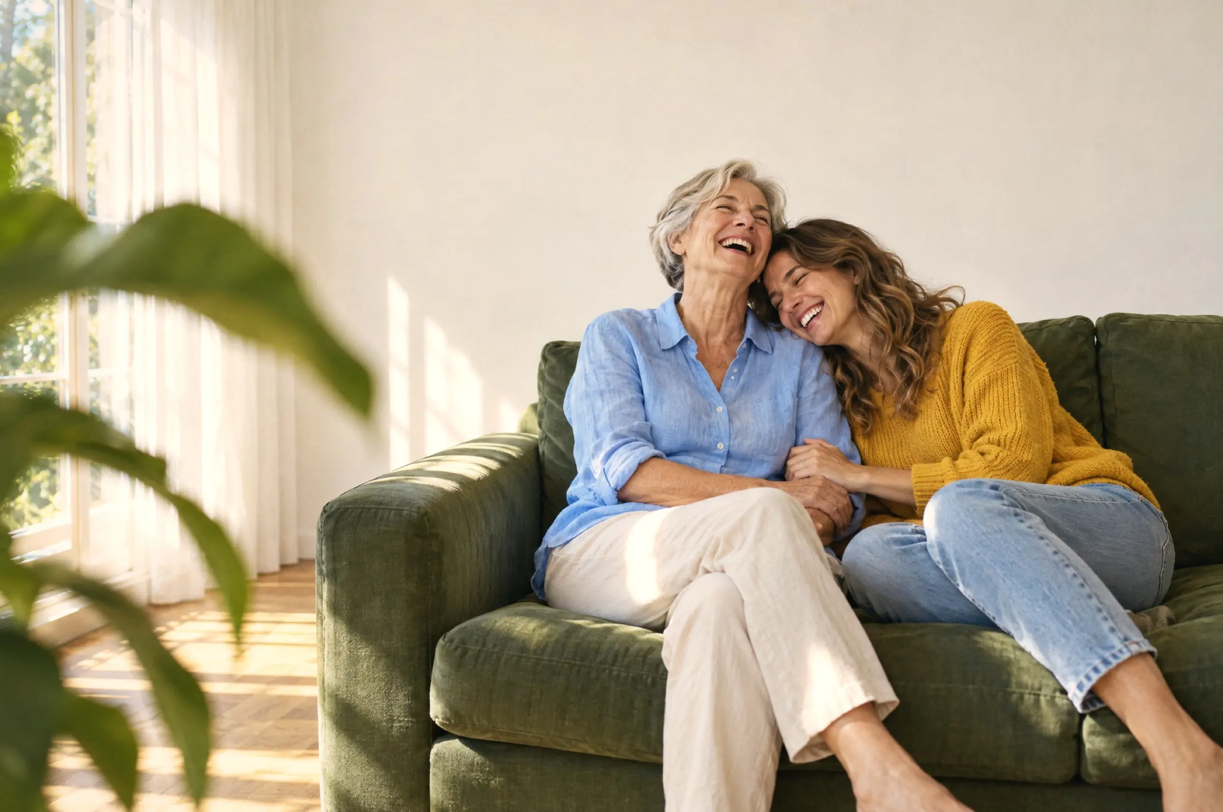 Mother and adult daughter laughing together on a sofa