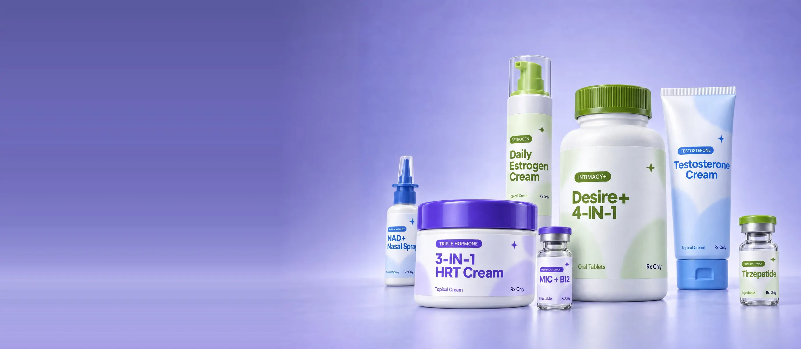 Raya hormone creams, tablets and vials on a lilac backdrop
