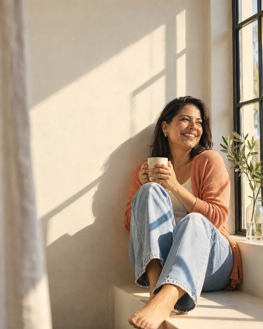 Woman relaxing with a mug of tea in the sun