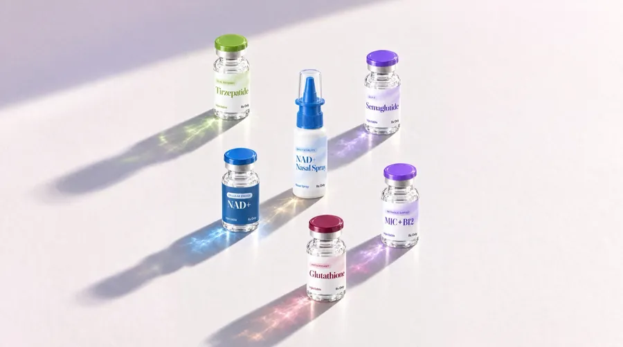 NAD+ vials and nasal spray arranged in soft light