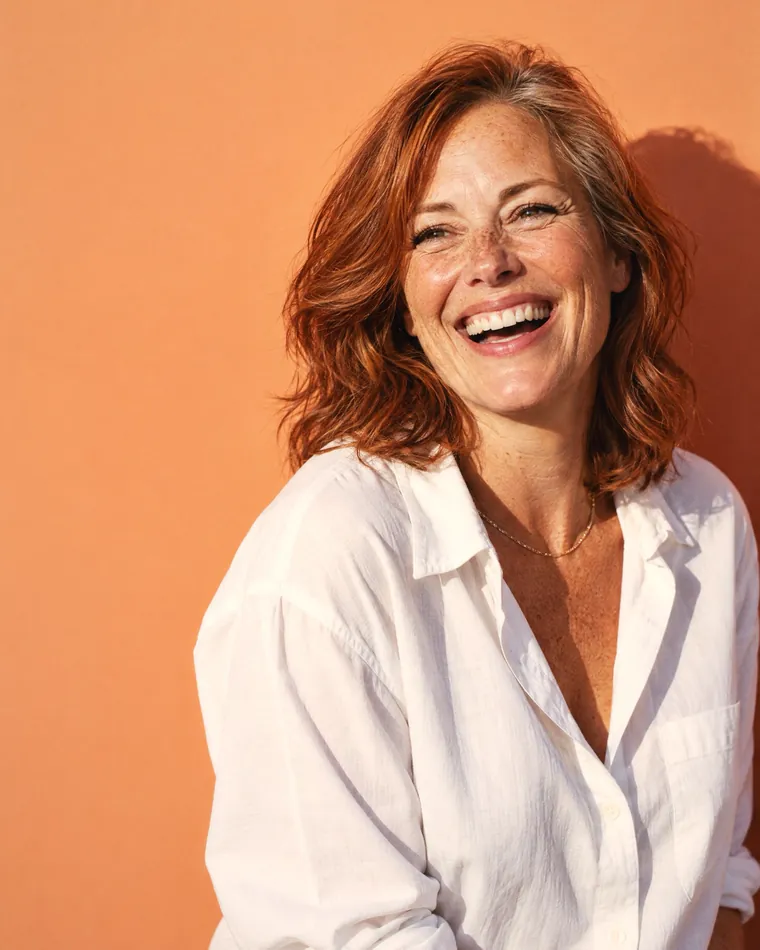 Smiling Raya member with red hair in a white shirt