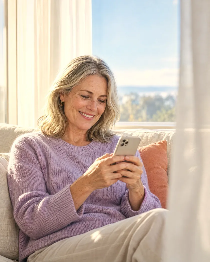 Woman smiling at her phone on a sofa while starting her online visit