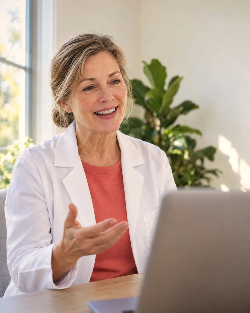 Clinician in a white coat smiling during a video check-in