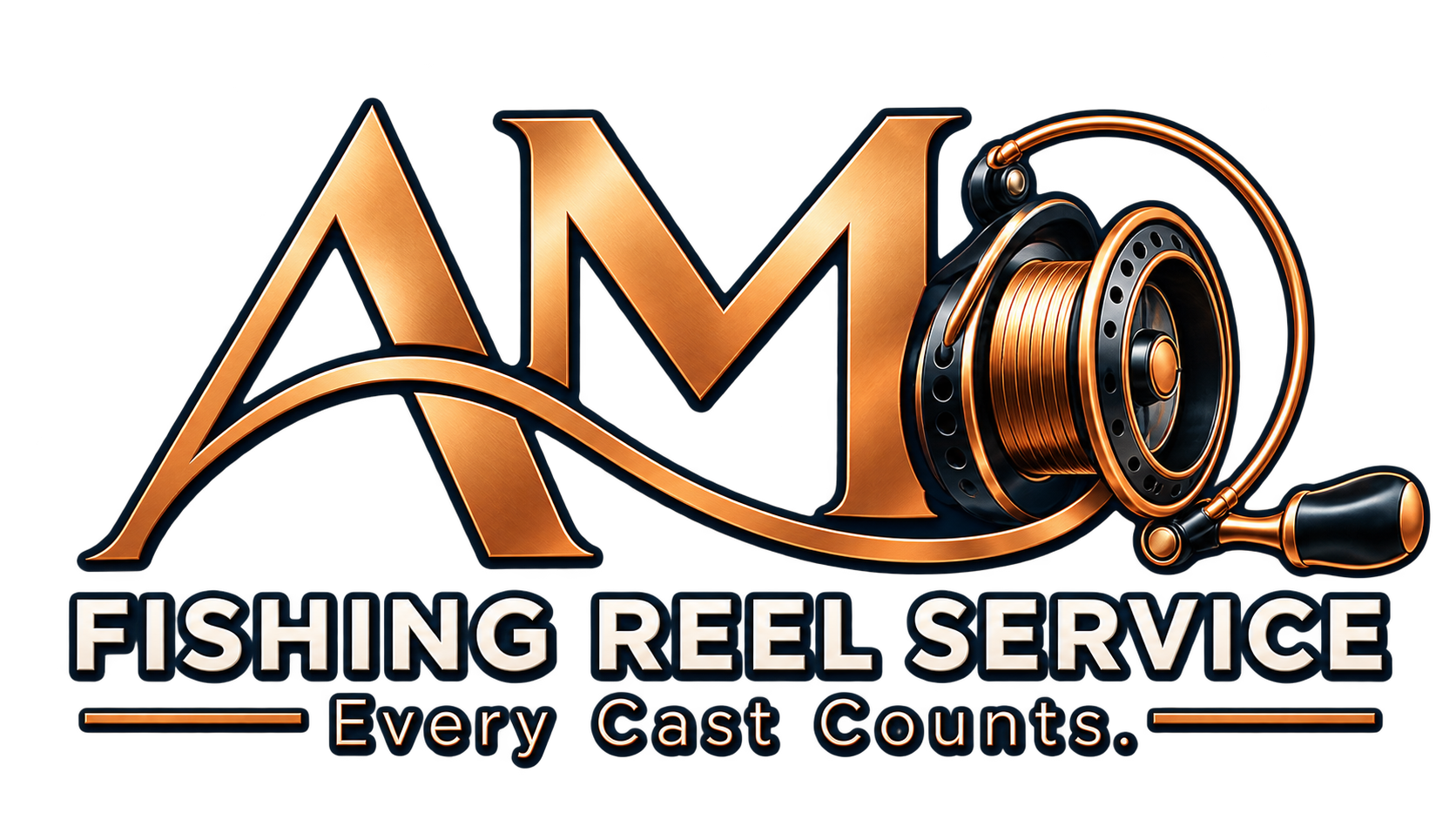 AM Fishing Reel Service copper AM wordmark with fishing reel and Every Cast Counts tagline