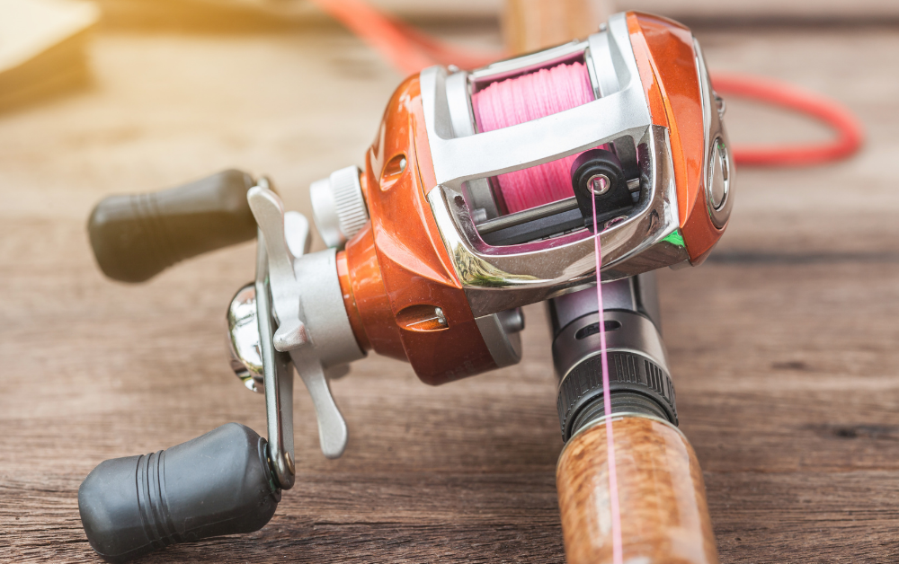 Copper-toned baitcasting reel in close-up