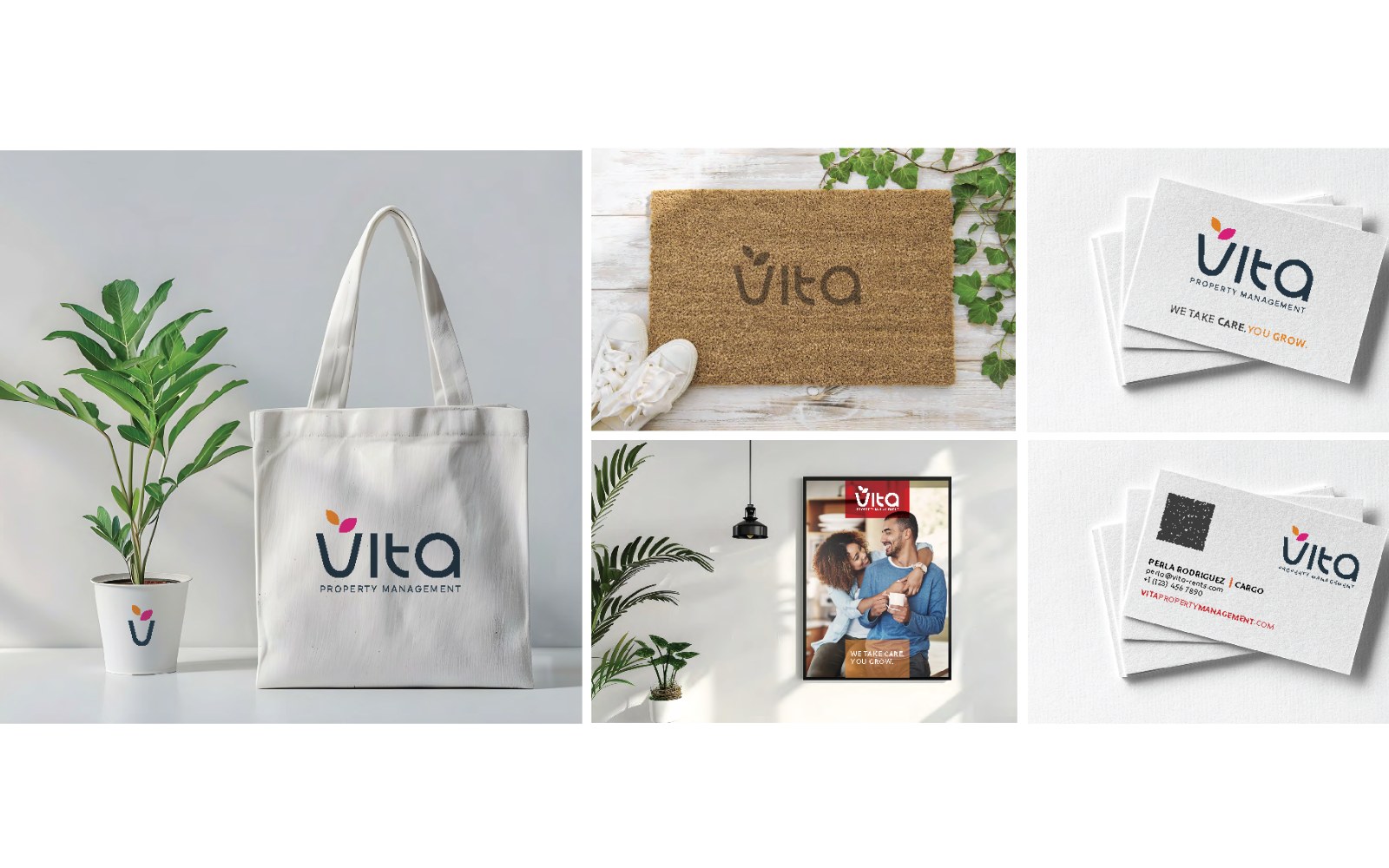 Vita Property Management brand applied to a tote bag, doormat, business cards and a framed poster