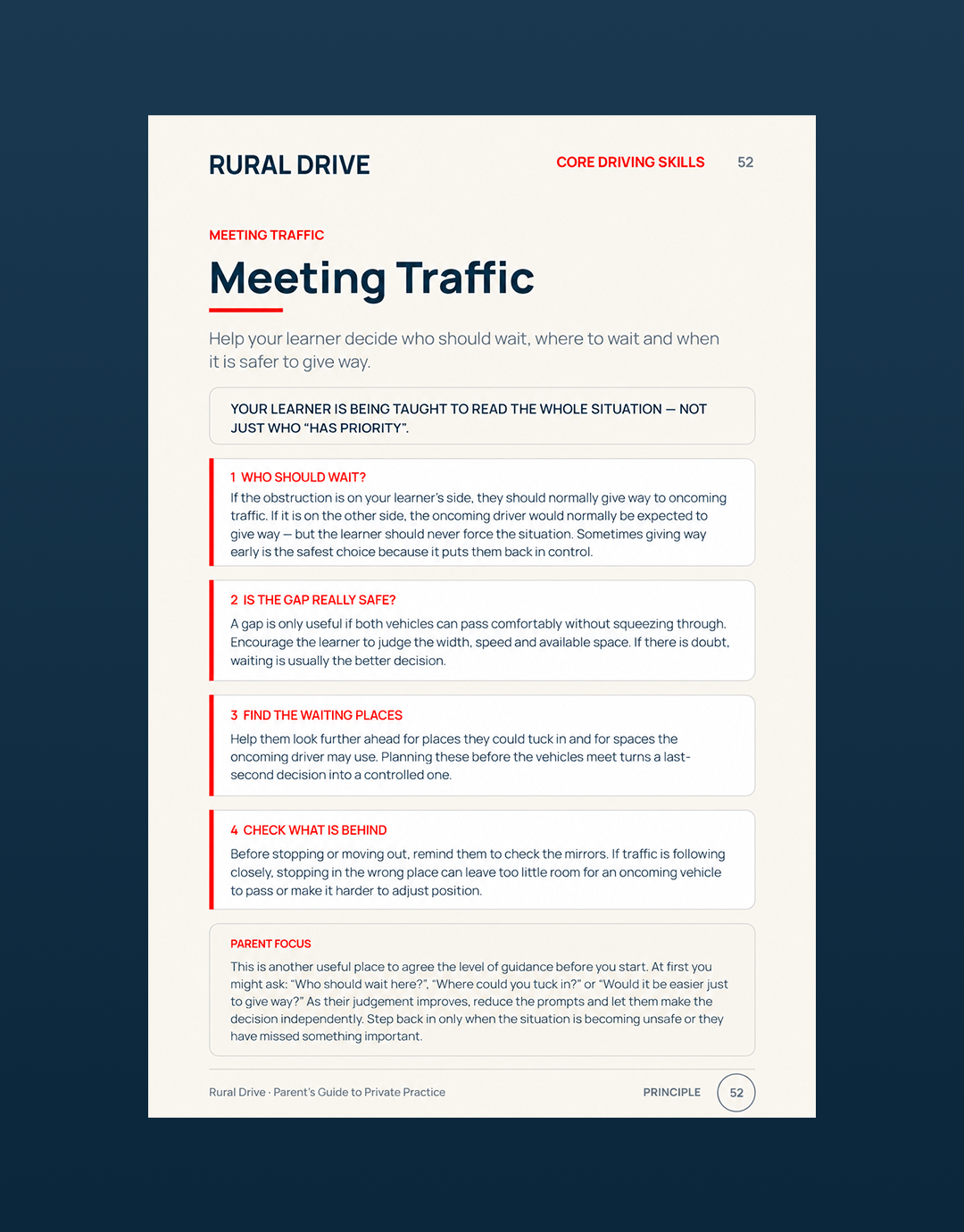 Rural Drive handbook sample page 52: Meeting Traffic