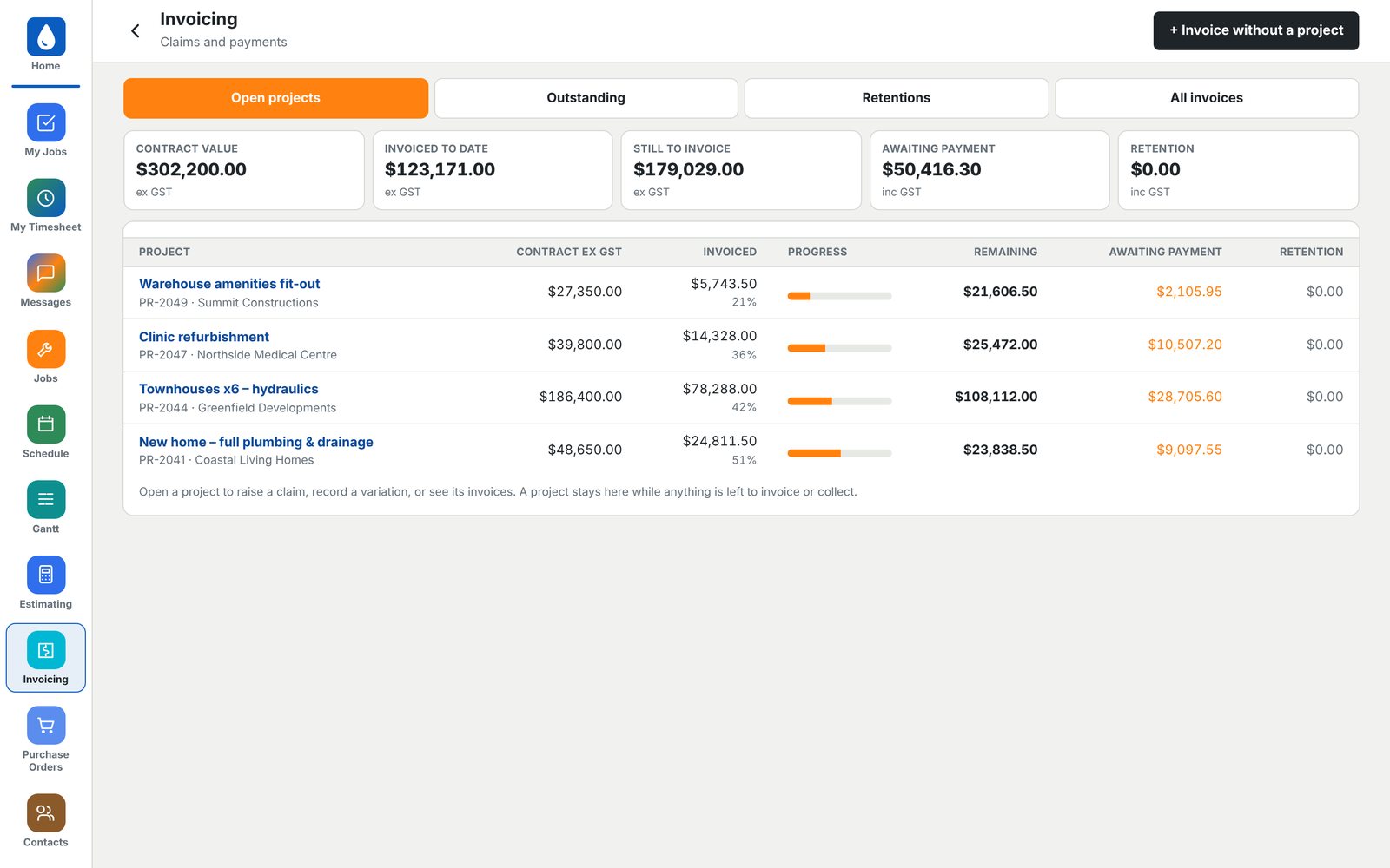 Progress claims showing contract value, invoiced to date and awaiting payment