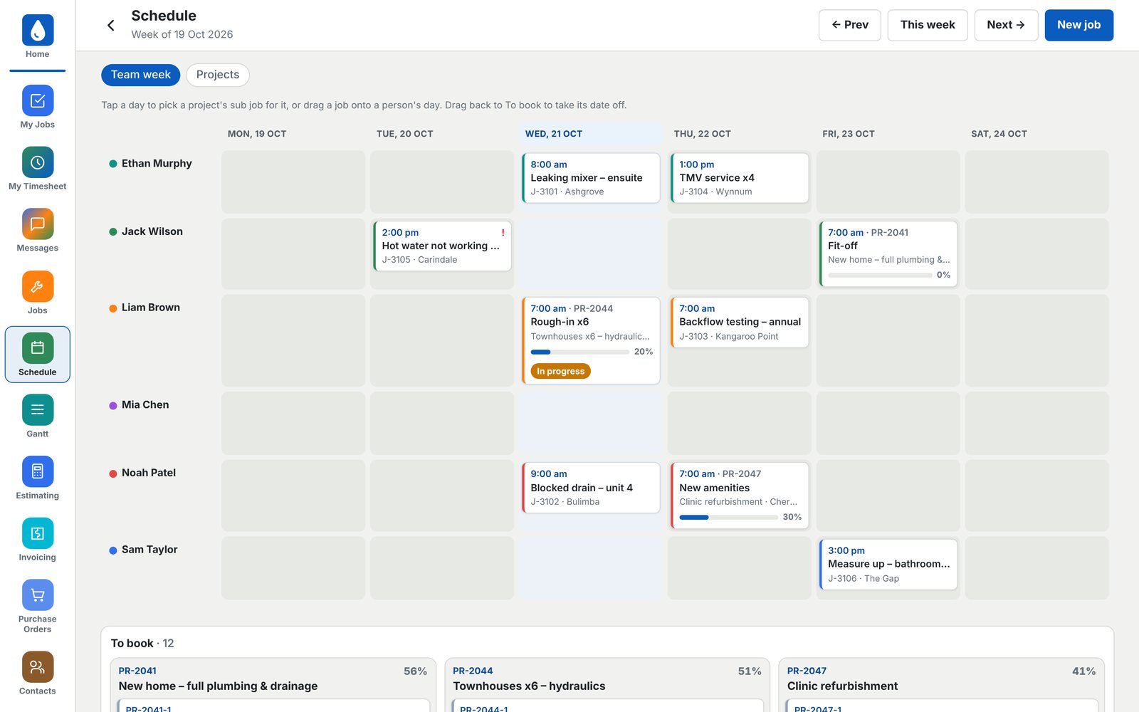 Team week schedule with jobs booked onto each person's day