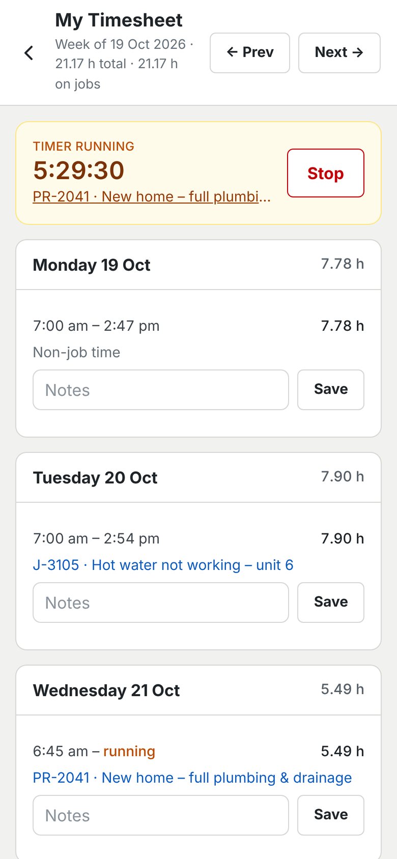 Weekly timesheet on a phone with daily hours and a running timer