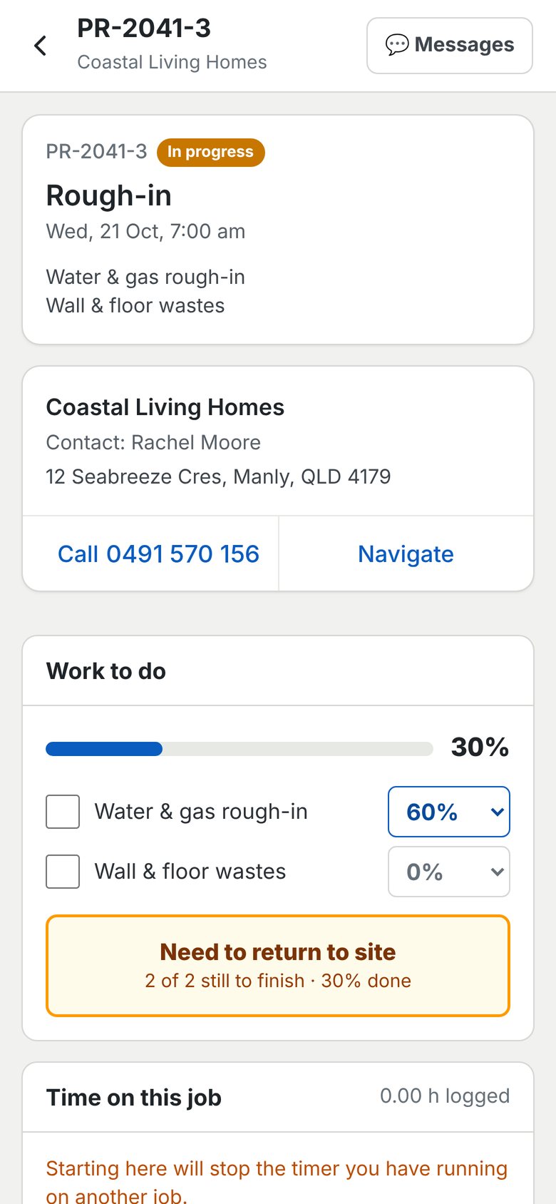 Plumbing rough-in job card on a phone with customer details and work to do
