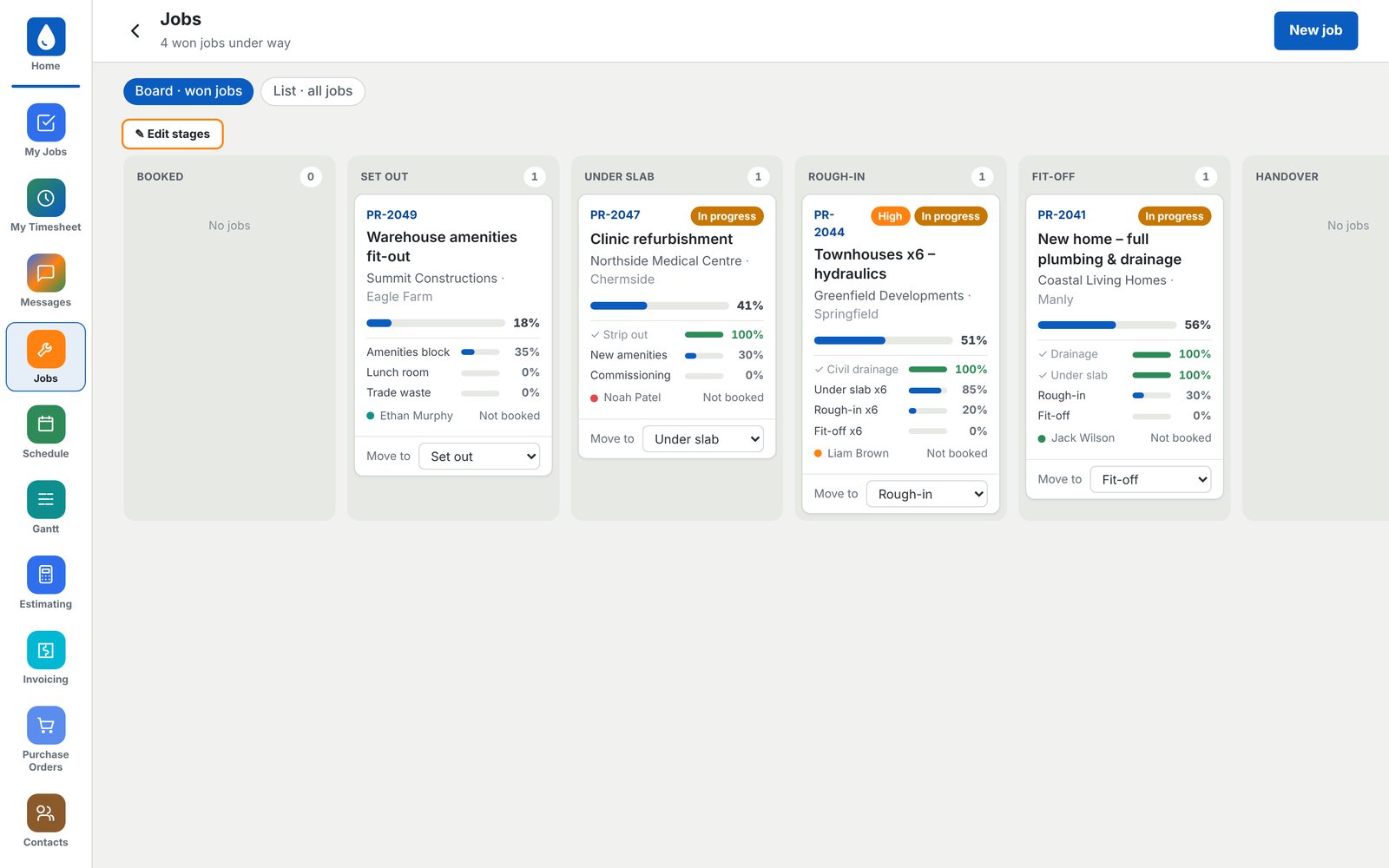 Jobs board showing won jobs by stage from set out to handover