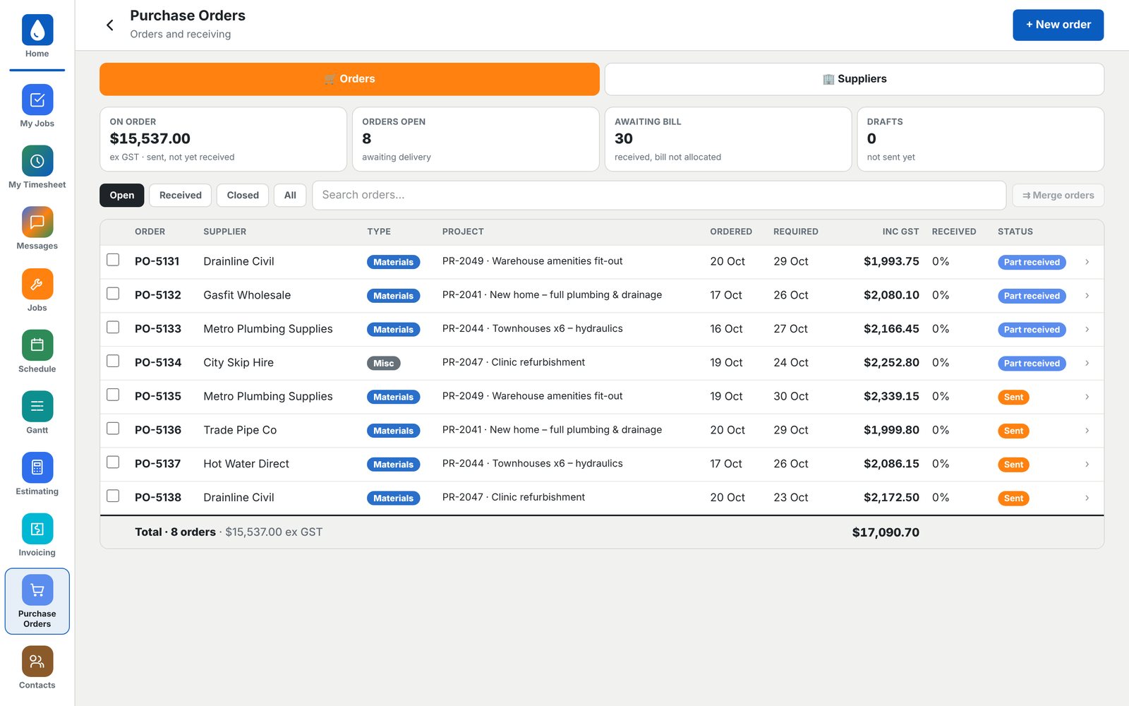 Purchase orders by supplier and project with delivery status
