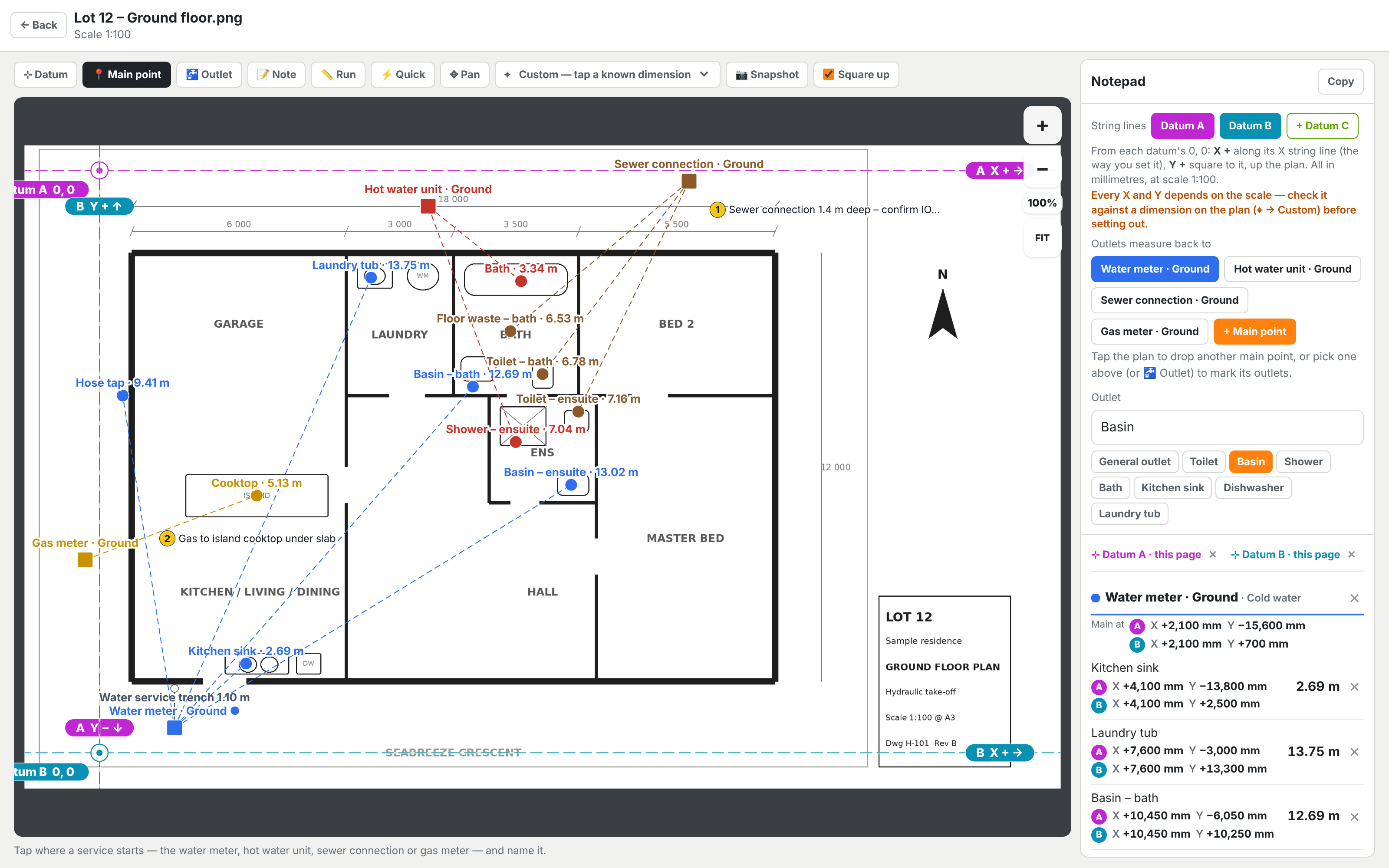 Plumbing takeoff on a scaled ground floor plan, with outlet run lengths and set-out points