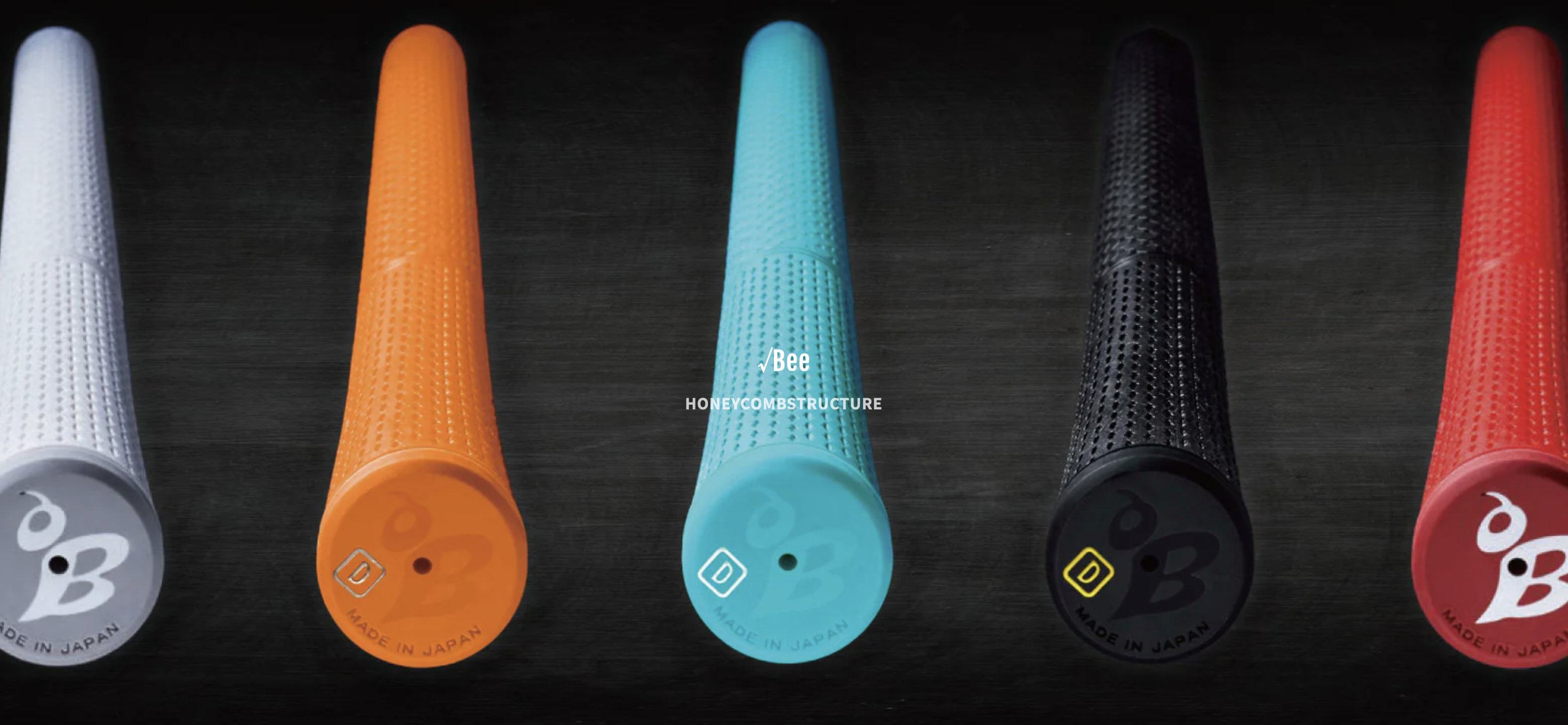 Route Bee golf grips in white, orange, light blue, black and red