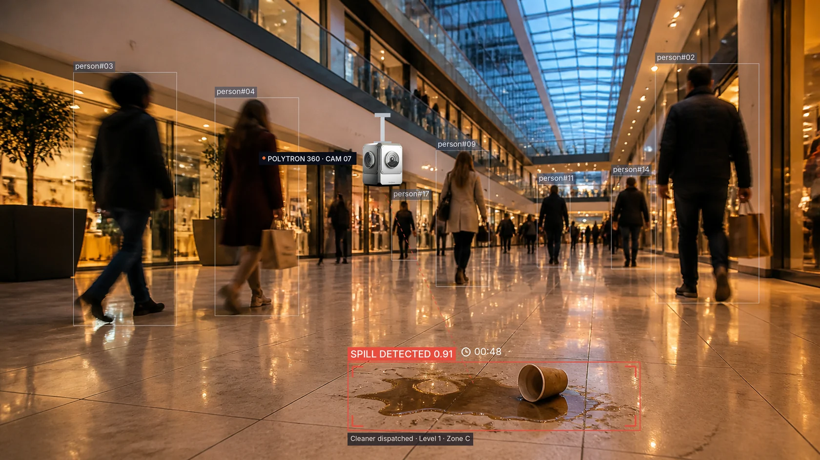 Polytron 360° camera in a shopping centre detecting a drink spill on the floor and dispatching a cleaner