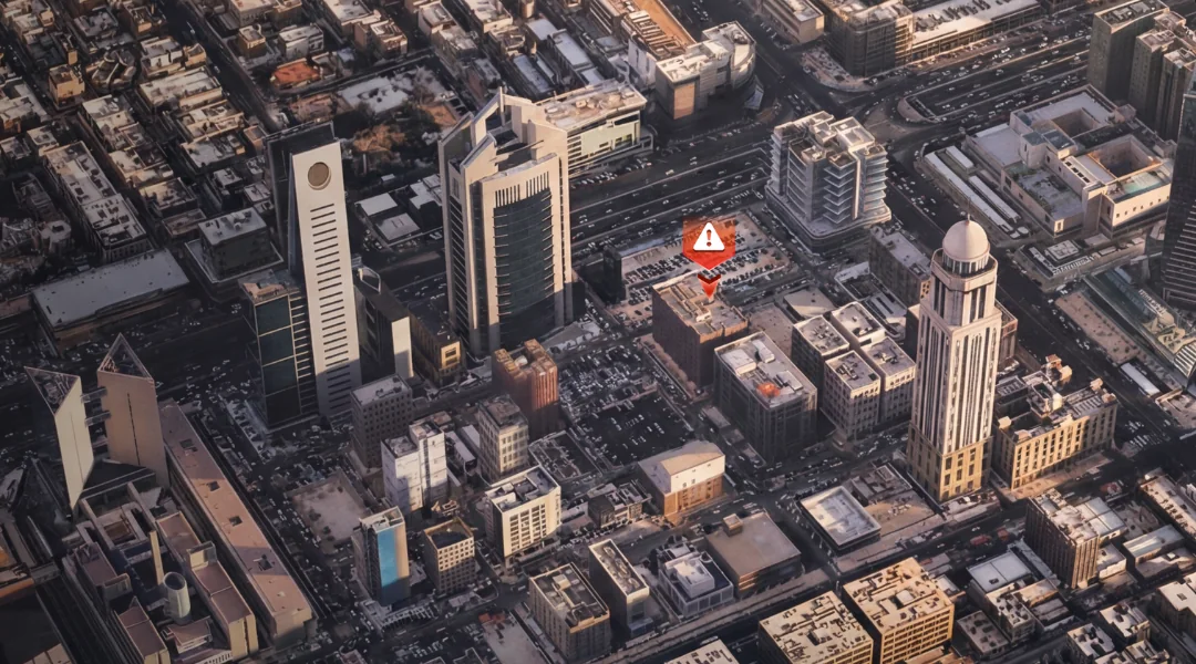 AI-built 3D model of a city centre with an alert on one building