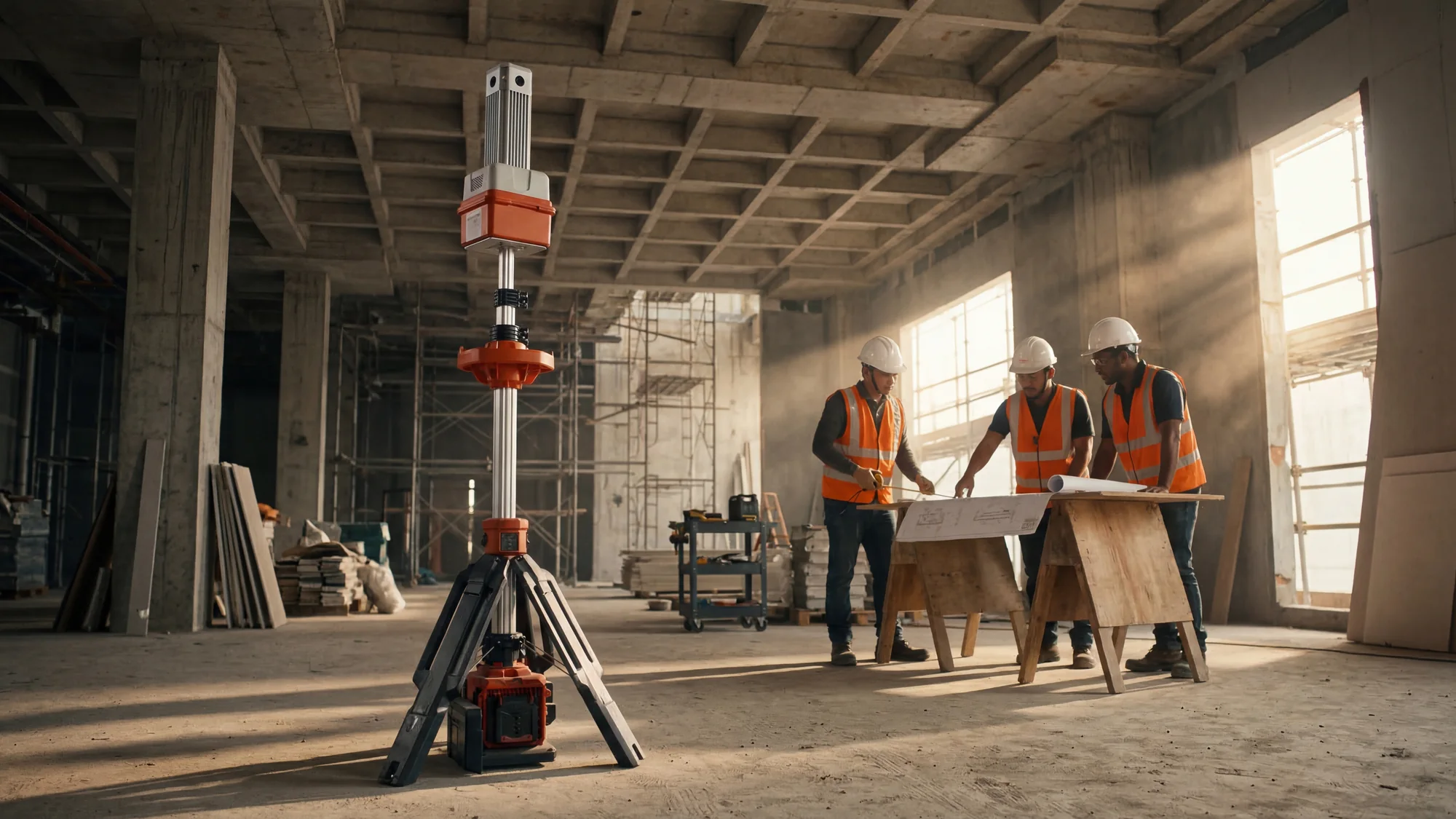 Polytron 360° tripod camera on a construction floor while workers review plans