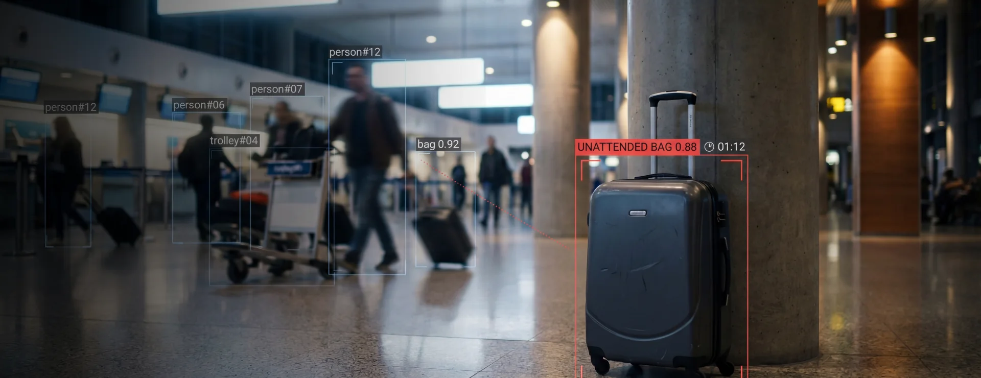 AI detection in a busy terminal flagging an unattended bag