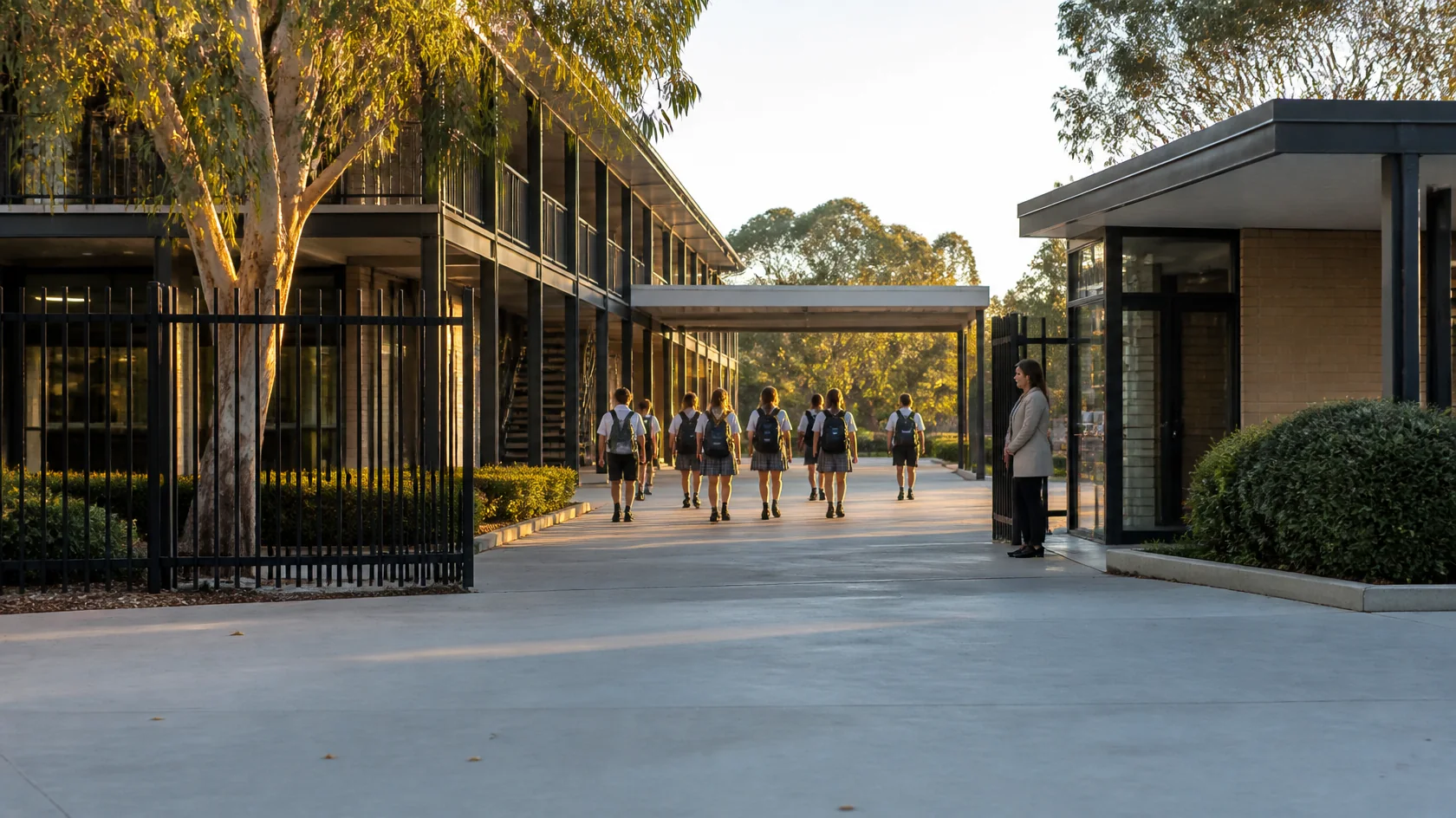 School campus courtyard in the afternoon with students and a teacher on duty