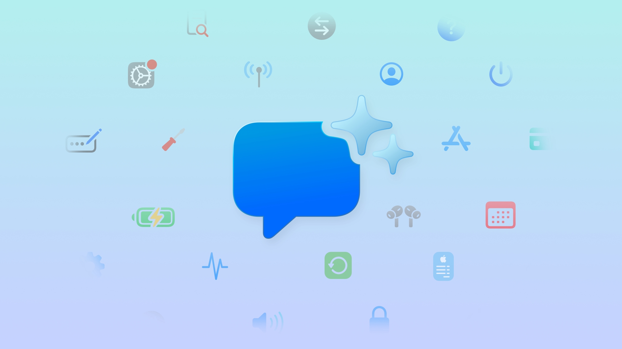 Blue speech bubble icon with two sparkling stars on a gradient blue background, surrounded by various faint icons representing technology and settings such as battery, calendar, earbuds, lock, and app store.