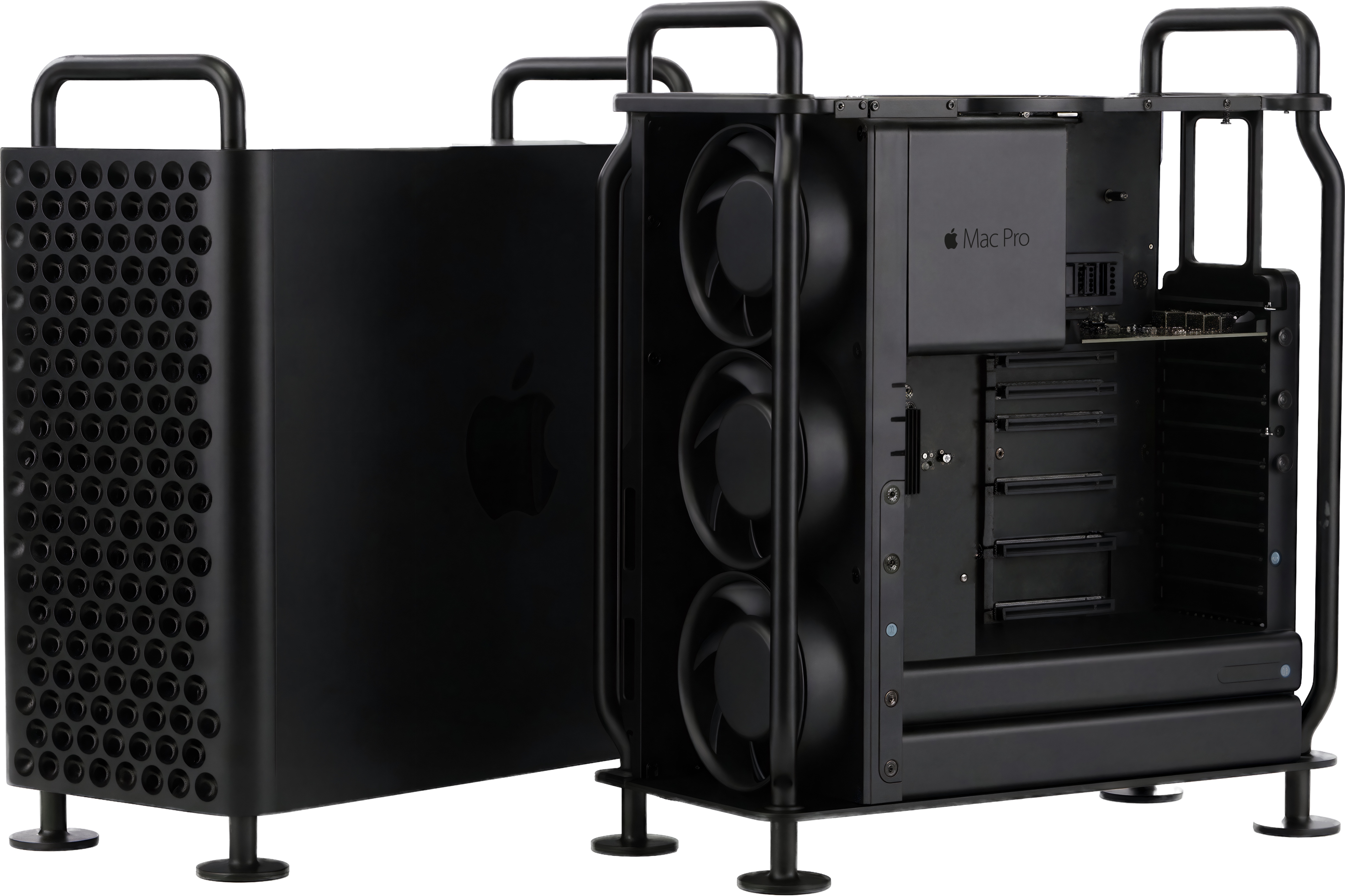 Black Apple Mac Pro desktop computer with its side cover removed, showing three cooling fans and empty internal slots for components, alongside the removed perforated metal side cover with handles.