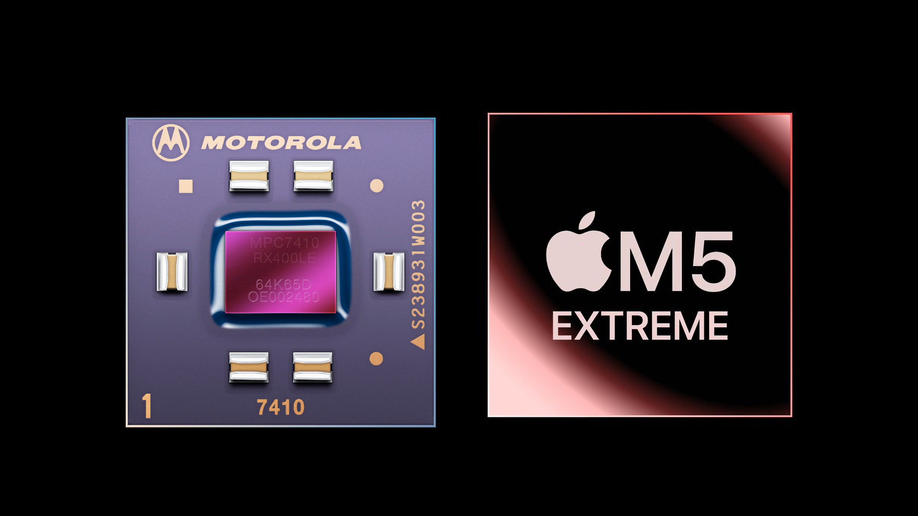 Side-by-side images of two microchips on a black background: on the left, a Motorola chip labeled MPC7410 RX400LE in purple and gold tones; on the right, a black and pink Apple M5 Extreme chip logo with the Apple icon.