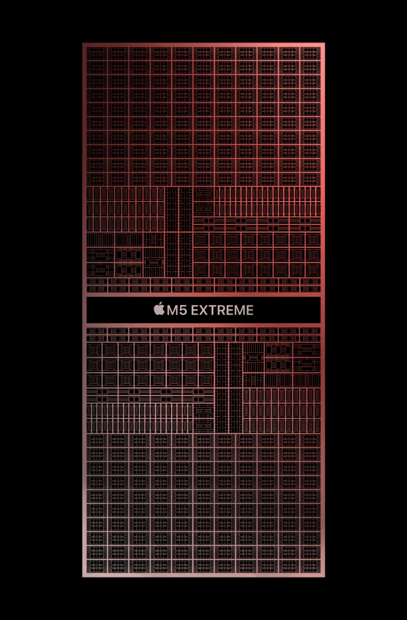 Close-up view of the Apple M5 Extreme chip with detailed internal circuitry visible in rectangular patterns, and the label 'M5 EXTREME' with the Apple logo in the center.