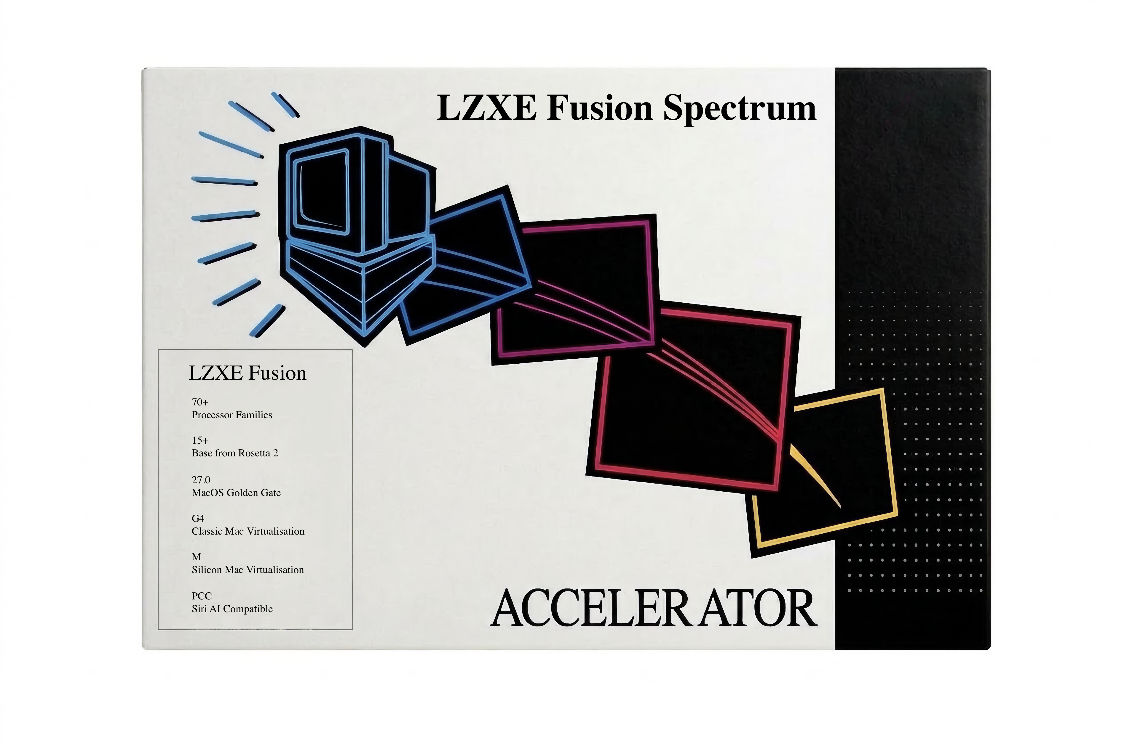 Box cover of LZXE Fusion Spectrum Accelerator featuring stylized retro computer and multiple overlapping angled squares with colorful outlines, and text listing features including support for 70+ processor families, Rosetta 2 base, MacOS Golden Gate 27.0, Classic Mac and Silicon Mac virtualization, and Siri AI compatibility.