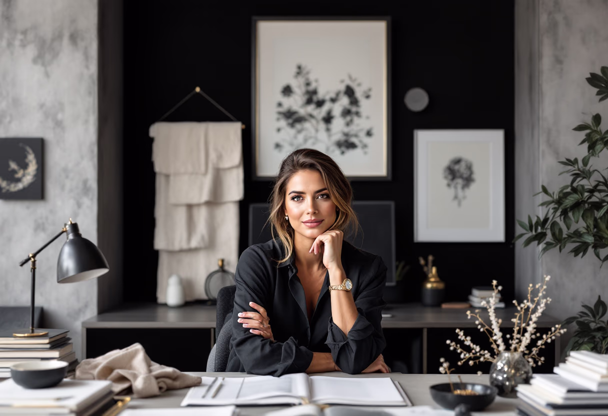 image of the founder in an office (for a wedding planning service)