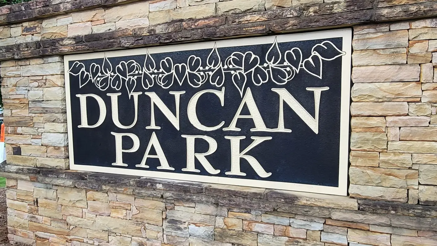 Duncan Park sandblasted monument sign set in stacked stone