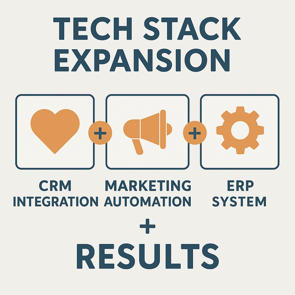 Diagram showing interconnected tech stack for eCommerce: CRM, ERP, marketing automation, and inventory management.