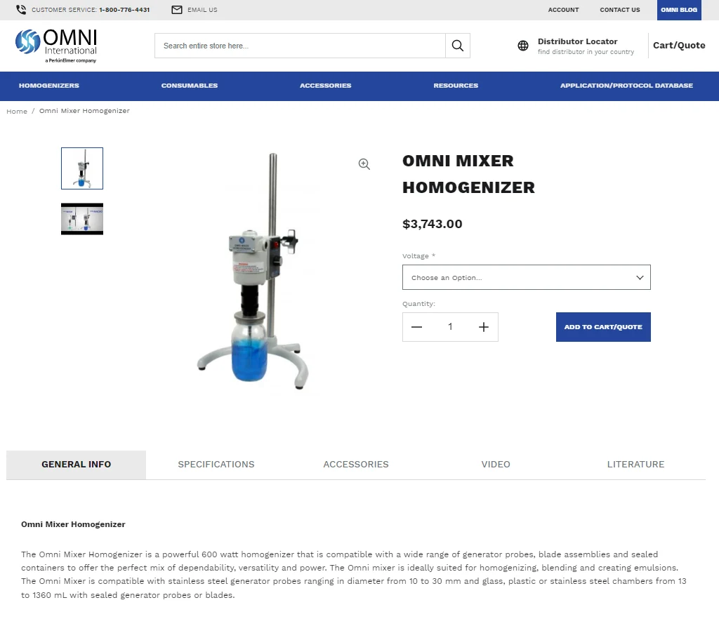 Omni International product page for the Omni Mixer Homogenizer, with price, voltage option and add to cart or quote button