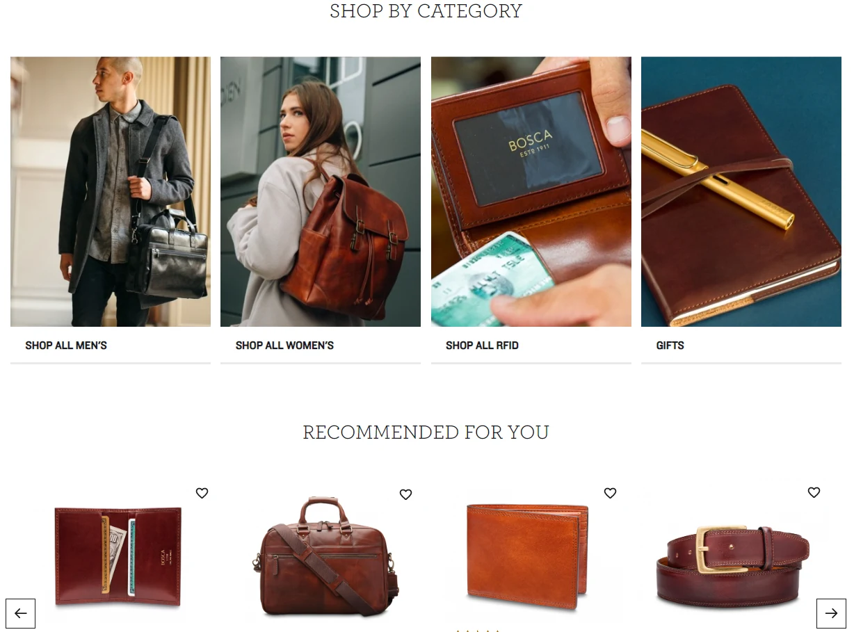 Bosca store page with men's, women's, RFID and gift categories and a row of recommended leather goods