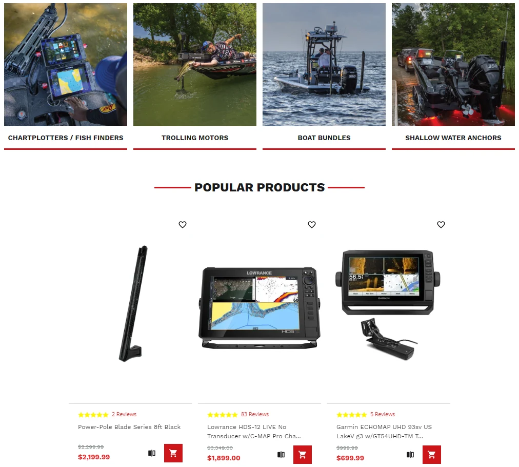 Marine electronics store with category tiles for chartplotters, trolling motors, boat bundles and shallow water anchors