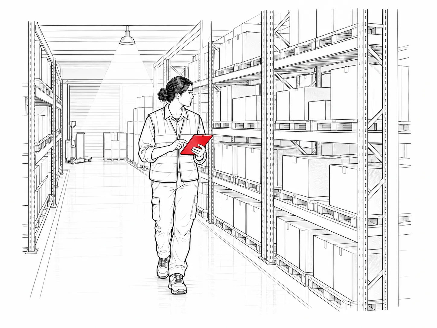 Line drawing of a technician checking a quiet, orderly warehouse at night with a tablet.
