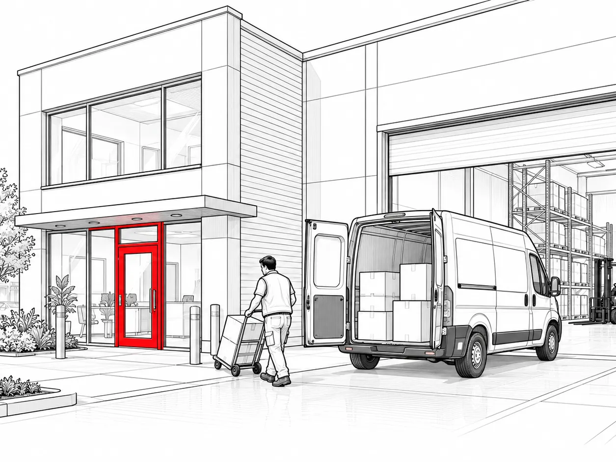 Line drawing of a delivery van pulling up to a building with a clearly visible entrance.
