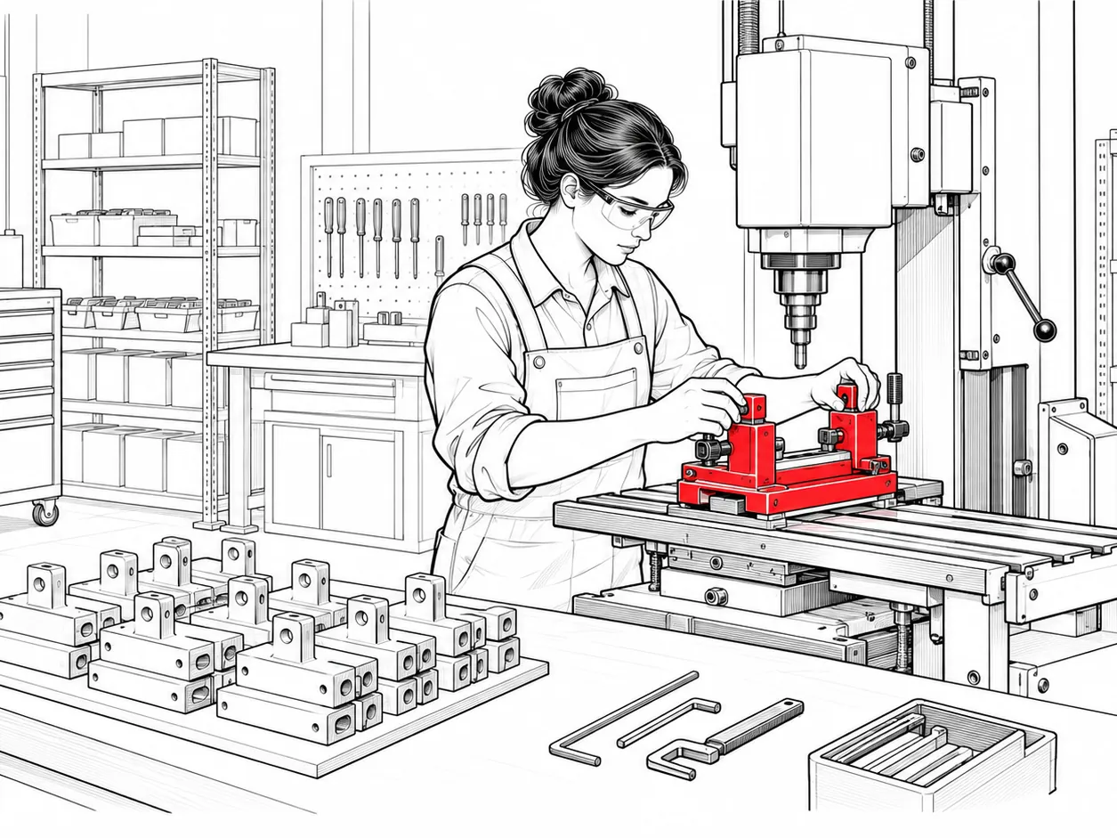 Line drawing of a craftsperson fitting a custom jig to a workshop machine.