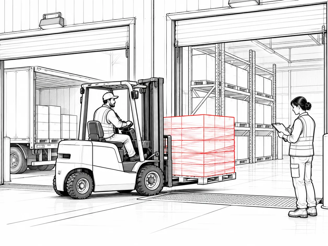 Line drawing of a forklift moving a pallet from an old warehouse into a new one while a worker checks it off a list.