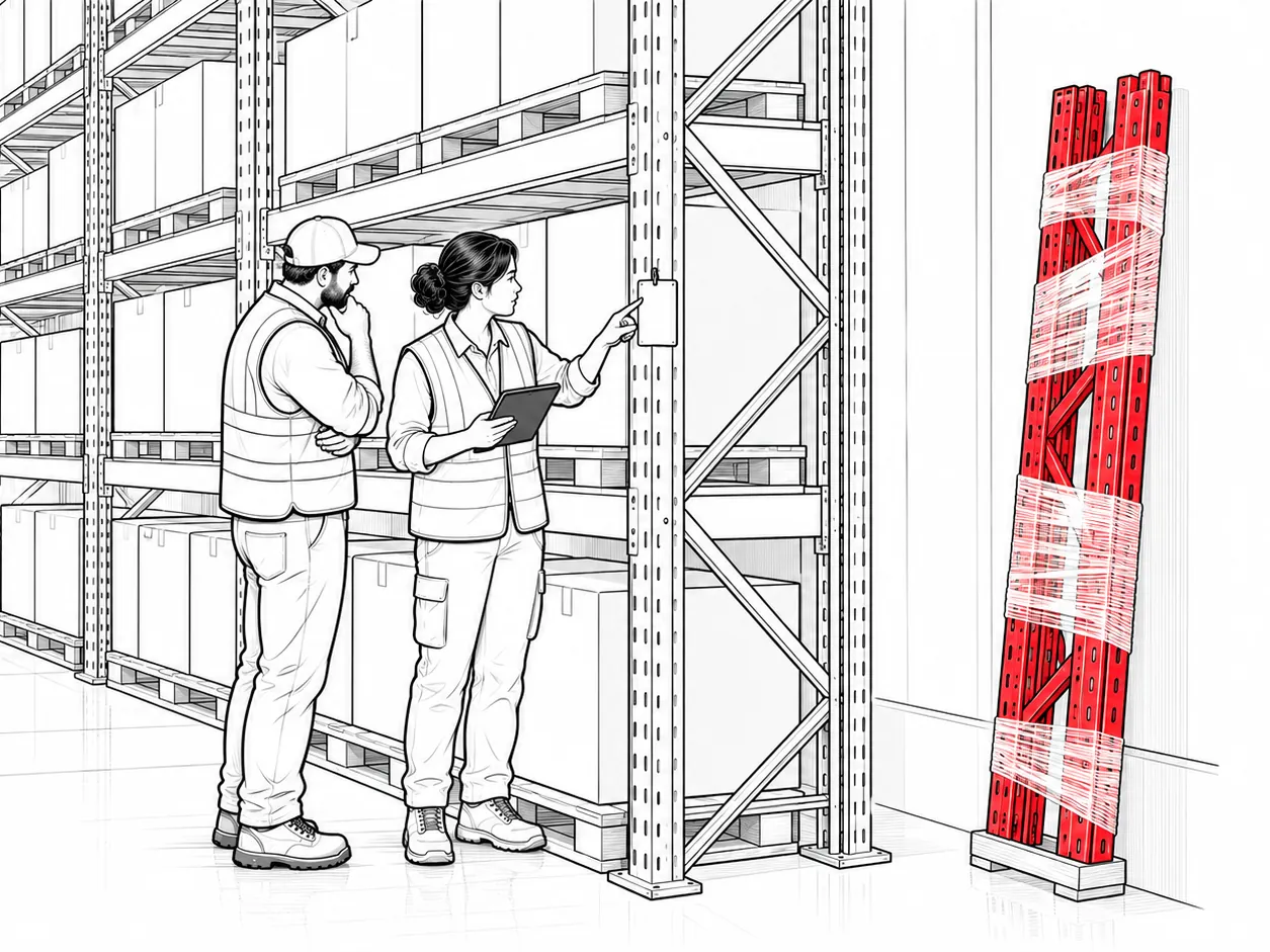 Line drawing of a technician and a warehouse manager inspecting a rack, with a replacement part waiting beside them.