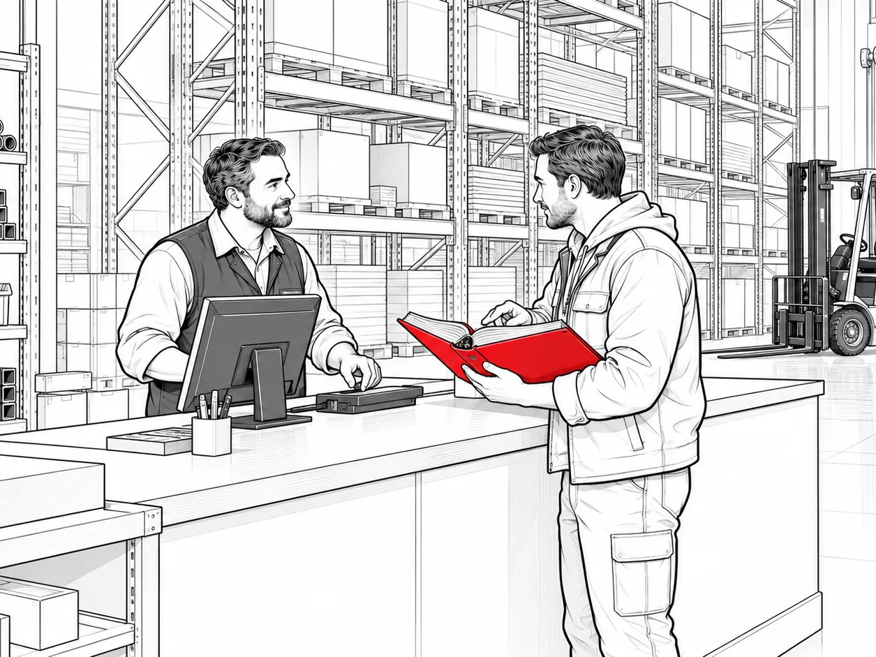 Line drawing of a trade buyer with an order binder at a distributor's counter, bulk stock racks behind.