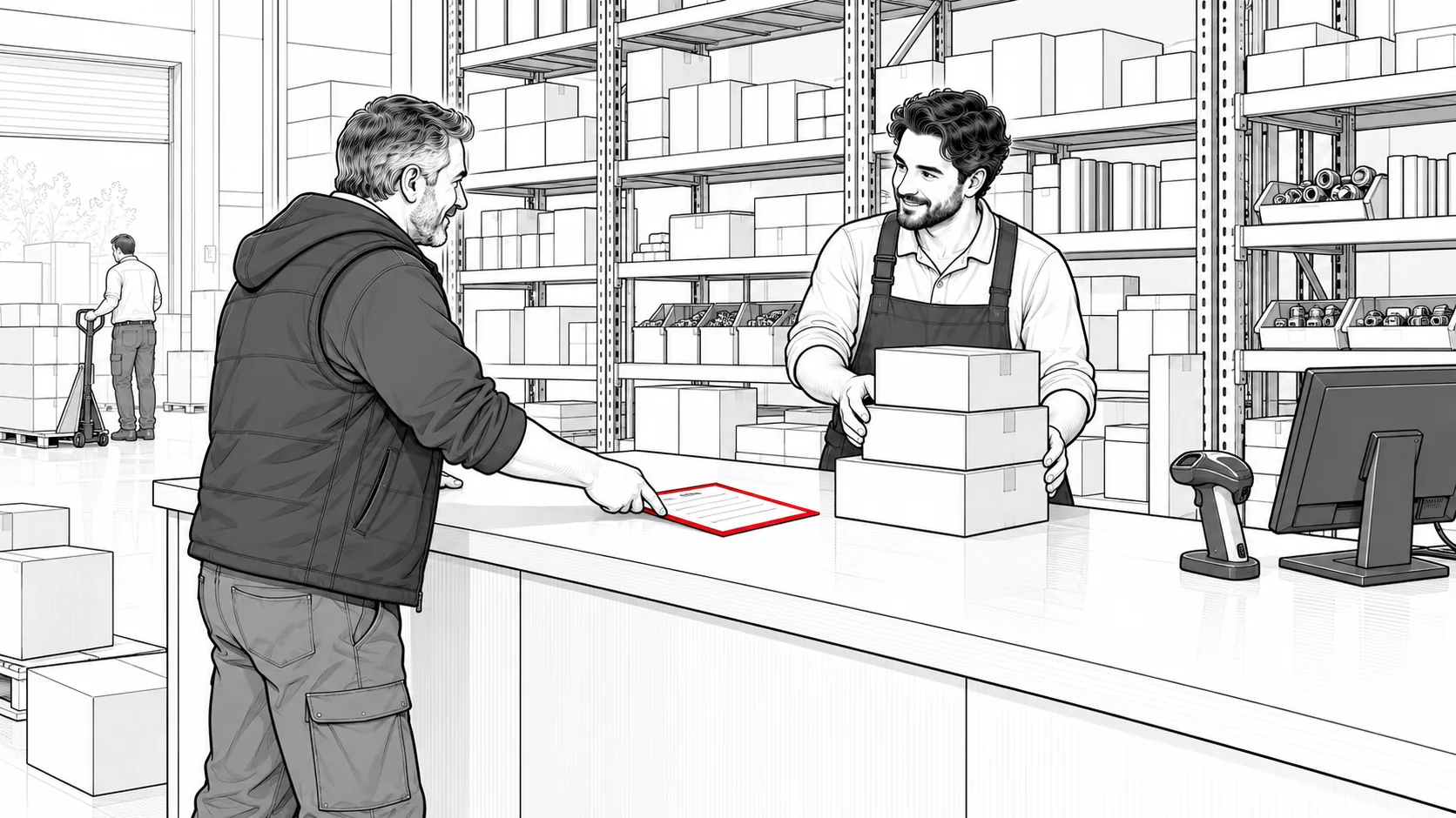 Line drawing of a trade buyer sliding a short order slip across a supplier counter as the clerk stacks the matching boxes.
